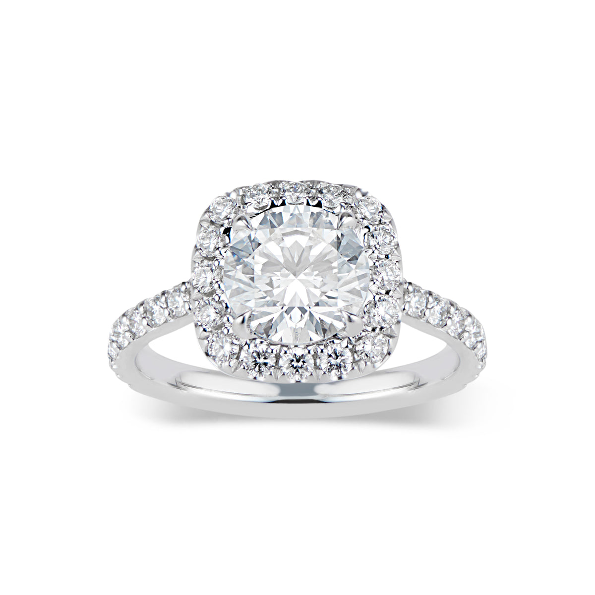 Cushion Halo Diamond Engagement Ring - 18K white gold - 36 round diamonds totaling 0.65 carats