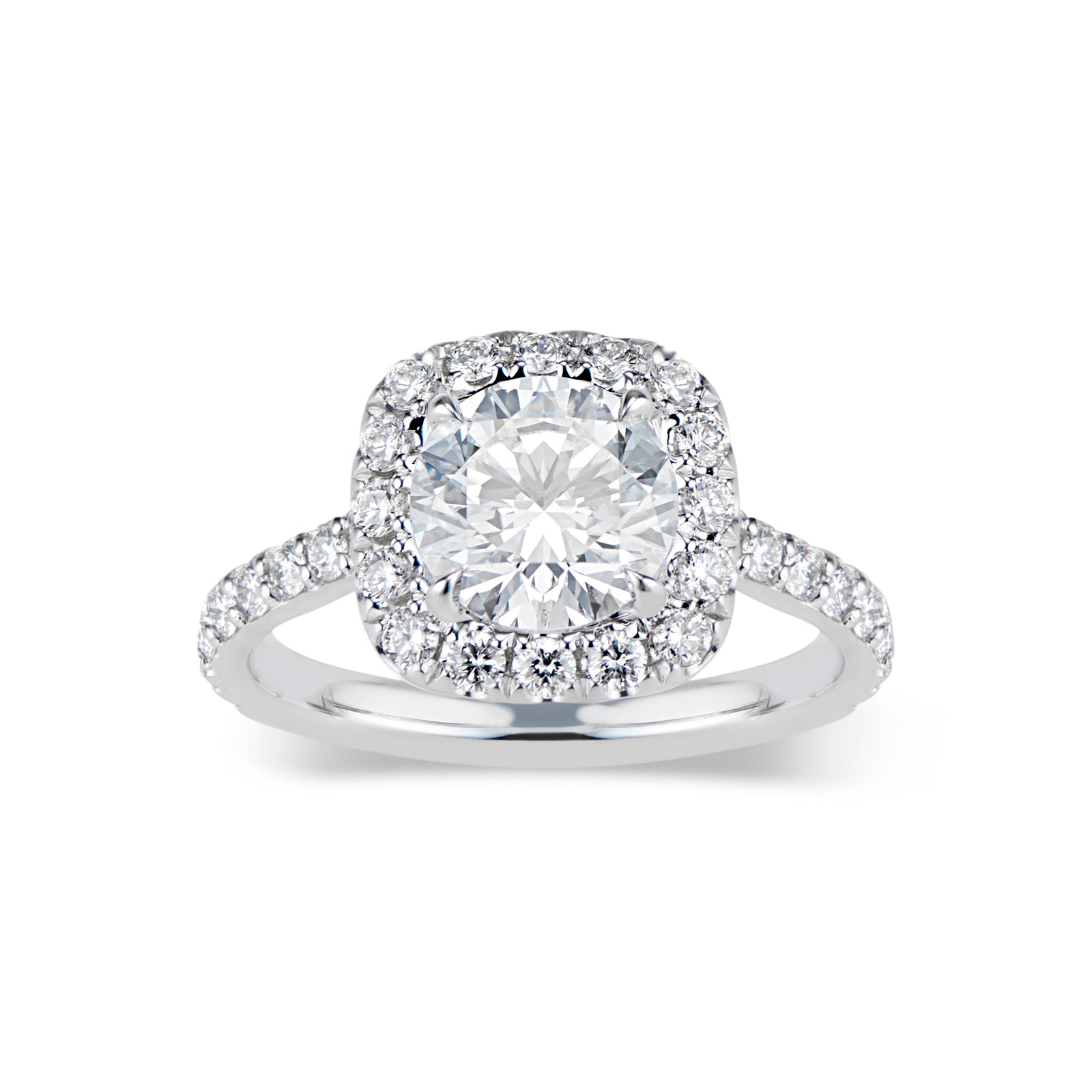 Cushion Halo Diamond Engagement Ring - 18K white gold - 36 round diamonds totaling 0.65 carats