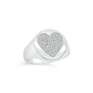 Diamond Heart Signet Ring  -14K gold weighing 4.88 grams  -84 round diamonds totaling 0.18 carats