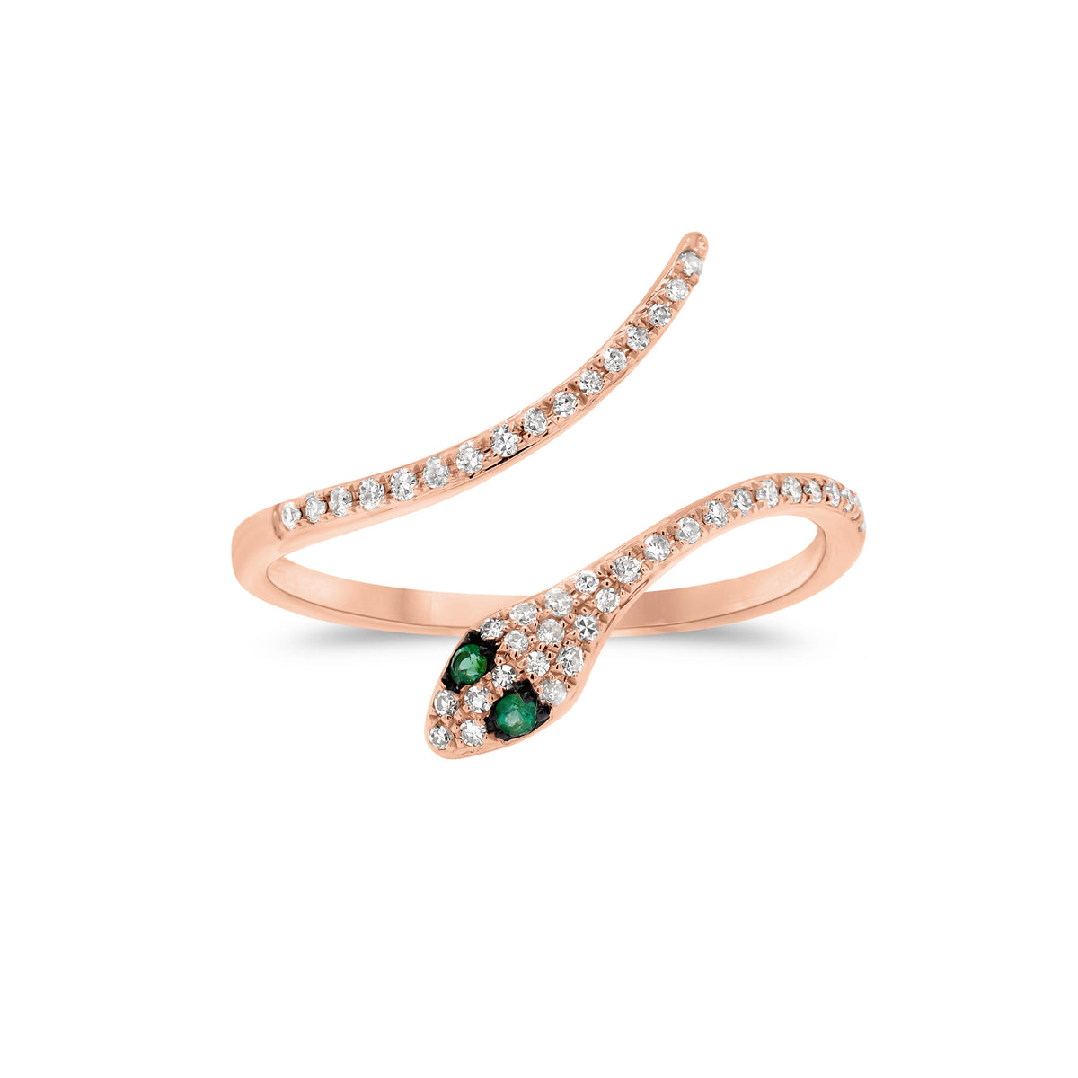 Diamond & Emerald Snake Ring - 14K rose gold weighing 1.72 grams  - 44 round diamonds totaling 0.11 carats  - 2 emeralds totaling 0.02 carats