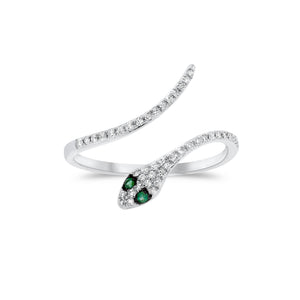Diamond & Emerald Snake Ring - 14K white gold weighing 1.72 grams  - 44 round diamonds totaling 0.11 carats  - 2 emeralds totaling 0.02 carats