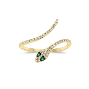 Diamond & Emerald Snake Ring - 14K yellow gold weighing 1.72 grams  - 44 round diamonds totaling 0.11 carats  - 2 emeralds totaling 0.02 carats