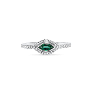 Diamond and Emerald Marquise Ring - 14K gold weighing 1.22 grams  - 42 round diamonds totaling 0.09 carats  - 0.14 ct emerald
