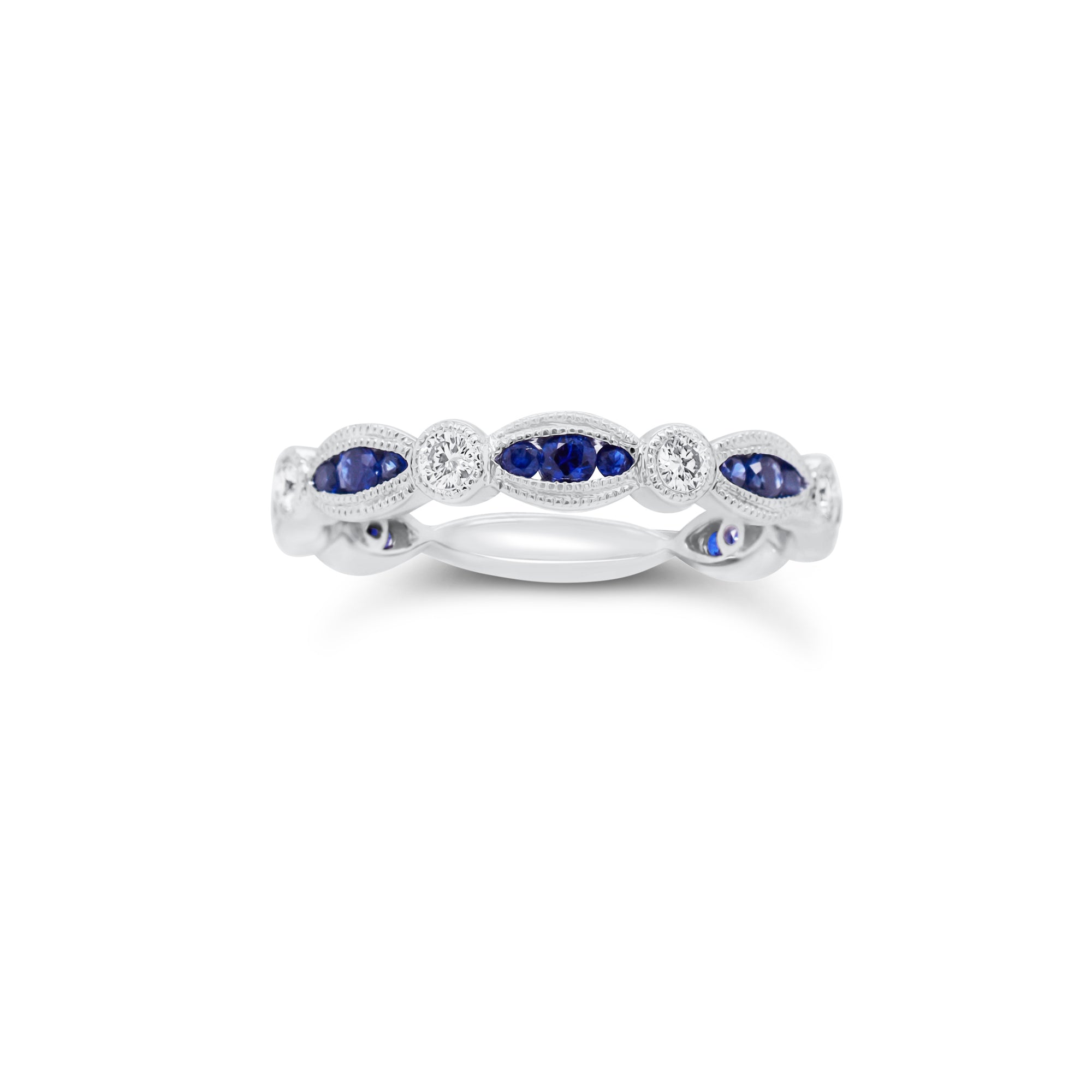 Sapphire and Diamond Stackable Ring - 18K gold weighing 2.50 grams  - 6 round diamonds totaling 0.18 carats  - 21 sapphires totaling 0.39 carats