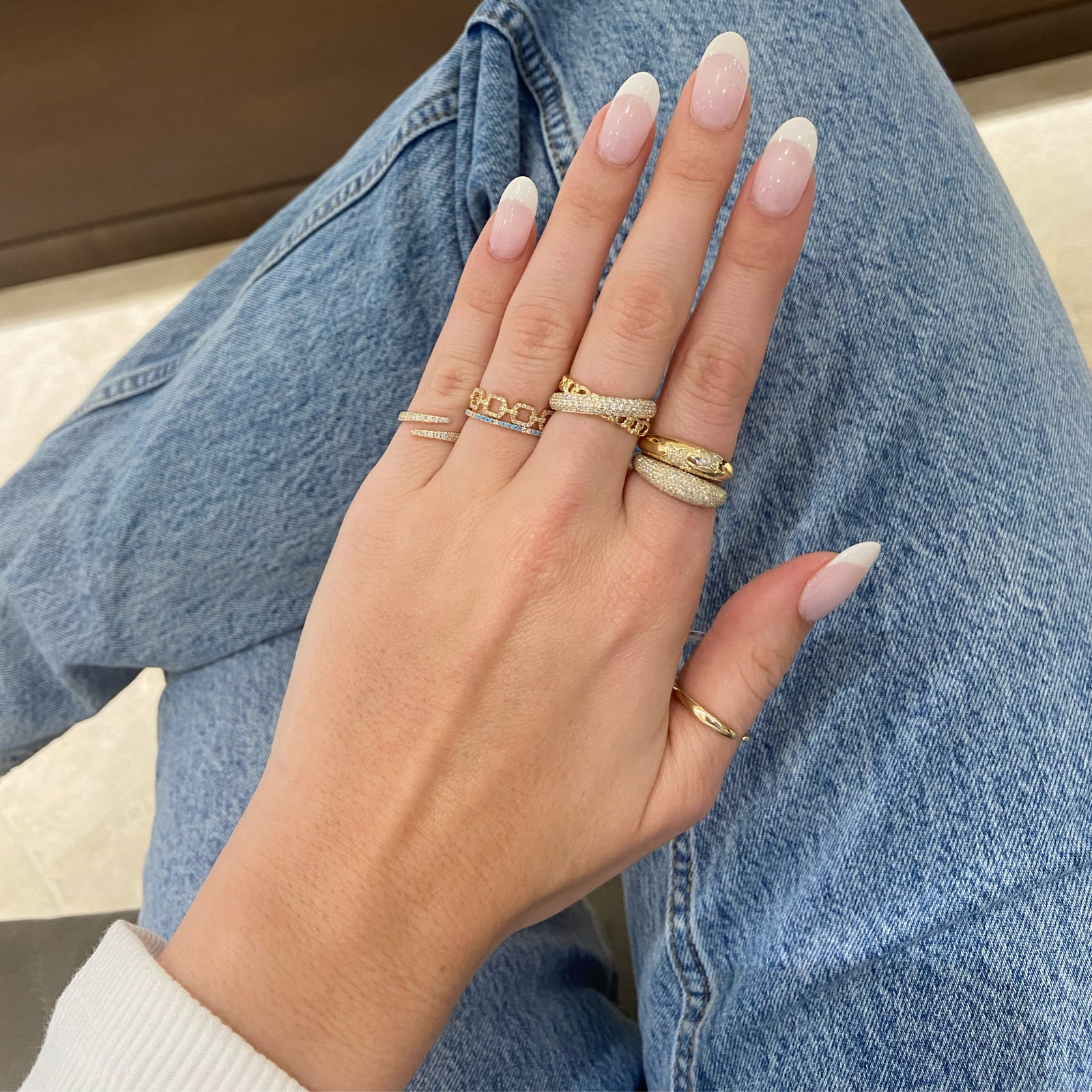 Diamond Open Square Chain Link Stackable Ring  - 14K gold weighing 1.73 grams  - 84 round diamonds totaling 0.22 carats