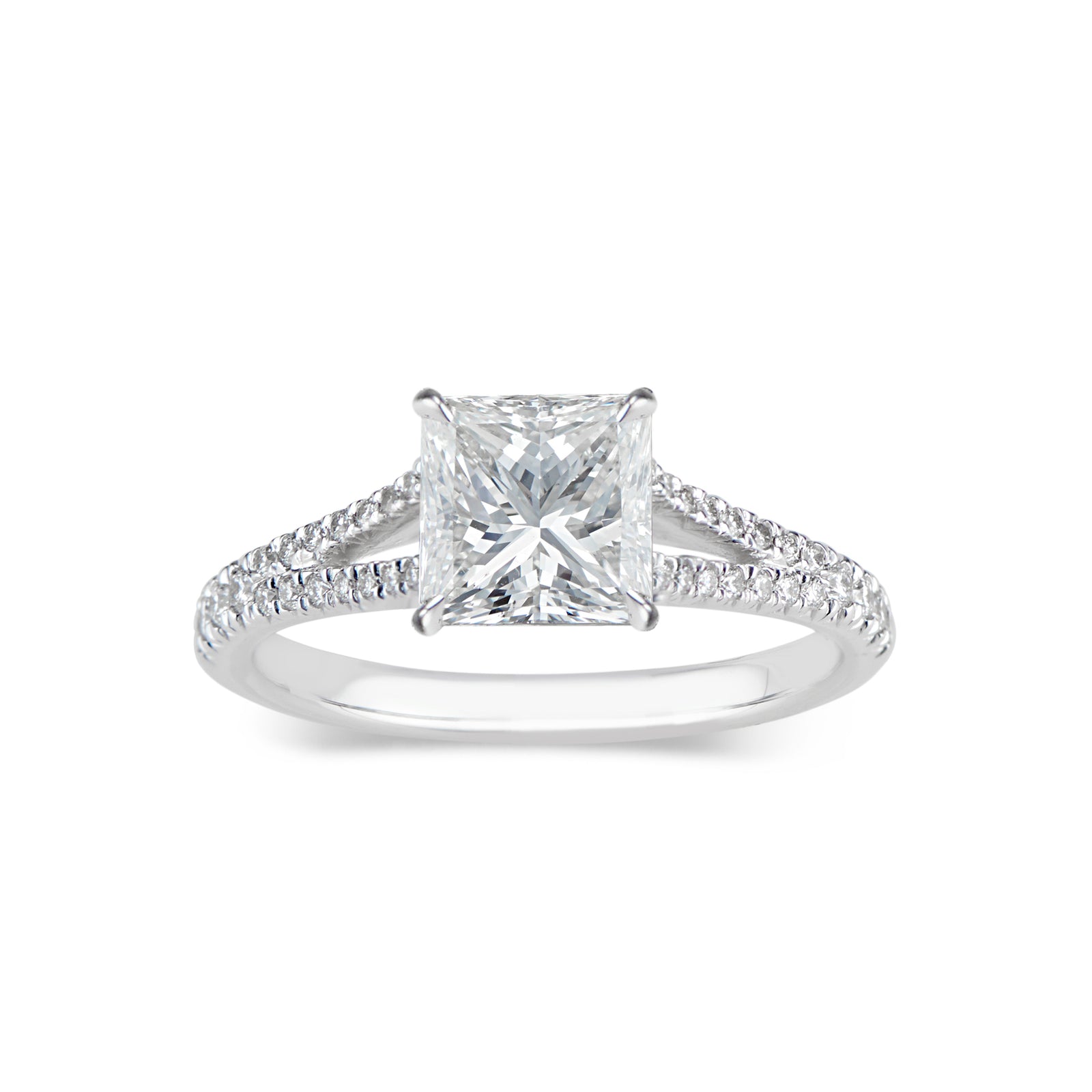 Princess Cut Diamond Engagement Ring with Split Shank  -18K weighting 3.23 GR  - 40 round diamonds totaling 0.21 carats