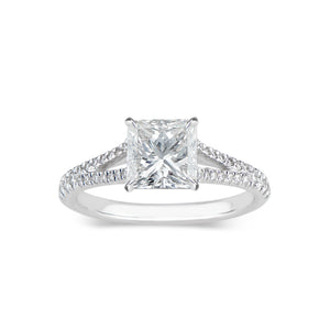 Princess Cut Diamond Engagement Ring with Split Shank  -18K weighting 3.23 GR  - 40 round diamonds totaling 0.21 carats