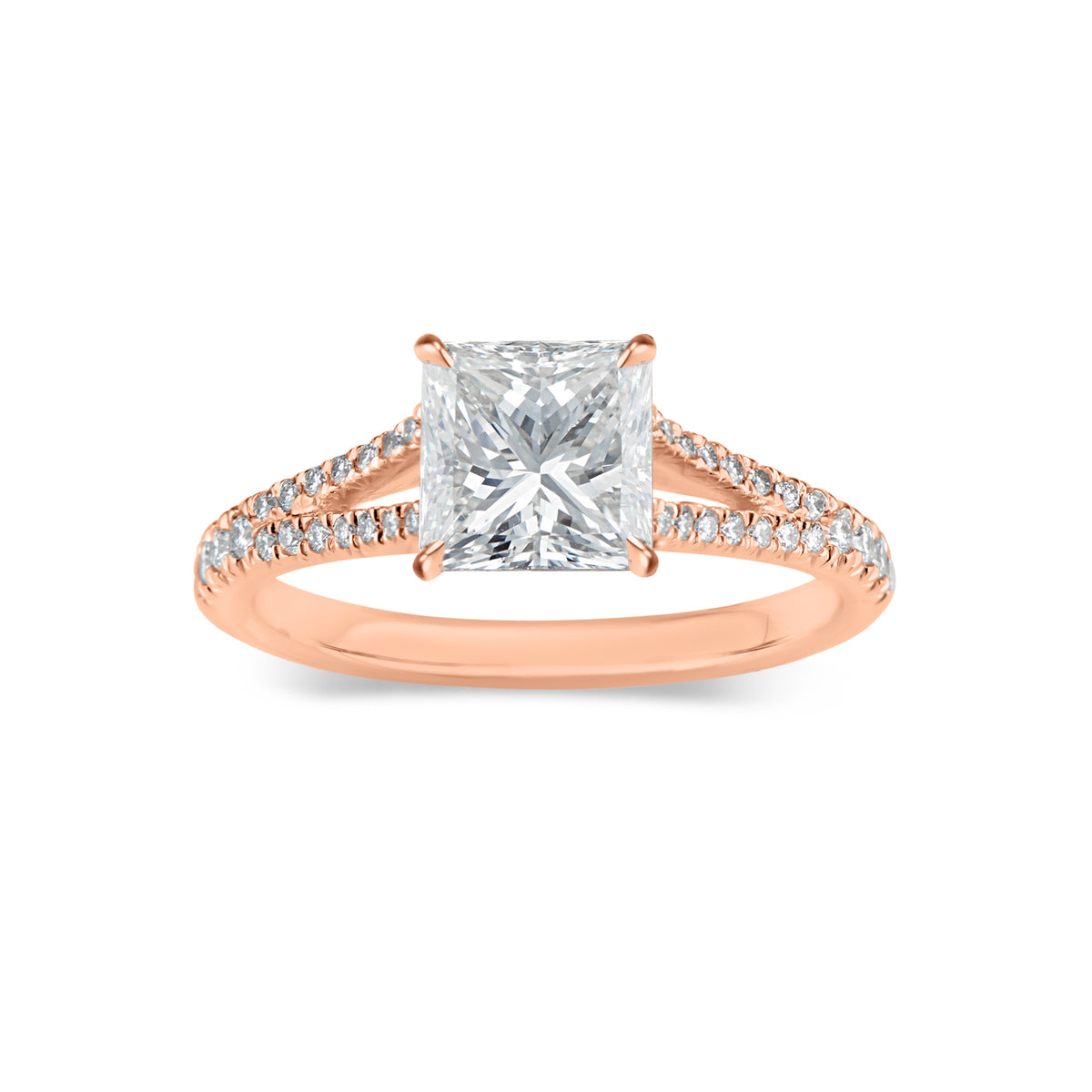 Princess Cut Diamond Engagement Ring with Split Shank  -18K weighting 3.23 GR  - 40 round diamonds totaling 0.21 carats