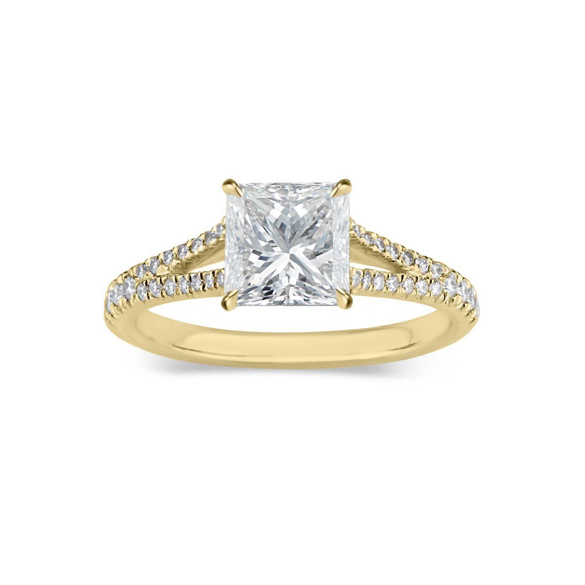 Princess Cut Diamond Engagement Ring with Split Shank  -18K weighting 3.23 GR  - 40 round diamonds totaling 0.21 carats