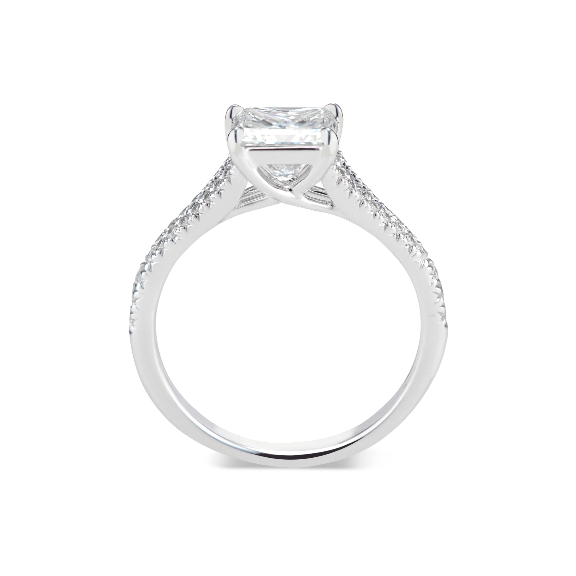 Princess Cut Diamond Engagement Ring with Split Shank  -18K weighting 3.23 GR  - 40 round diamonds totaling 0.21 carats