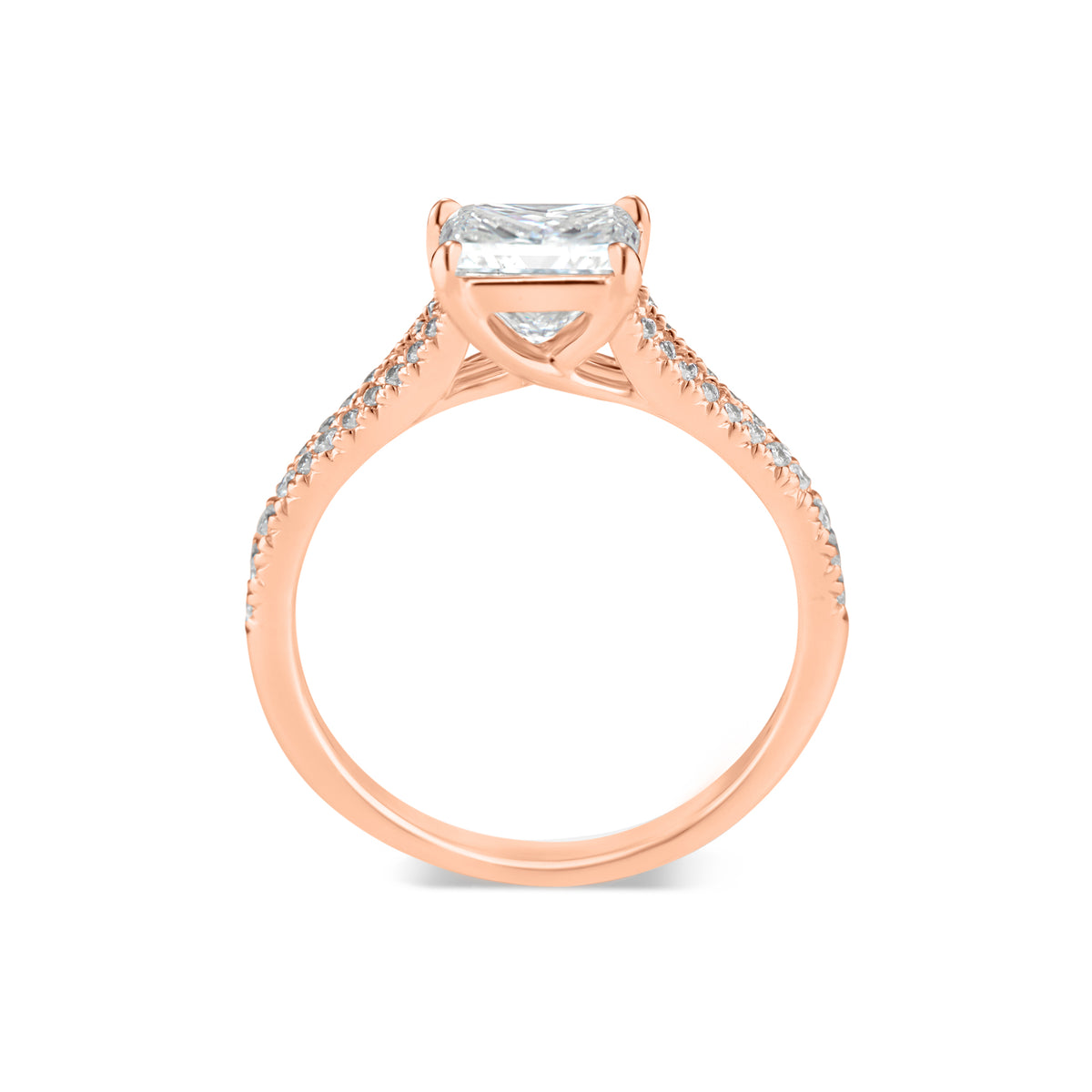 Princess Cut Diamond Engagement Ring with Split Shank  -18K weighting 3.23 GR  - 40 round diamonds totaling 0.21 carats