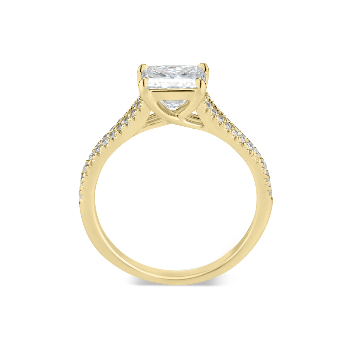 Princess Cut Diamond Engagement Ring with Split Shank  -18K weighting 3.23 GR  - 40 round diamonds totaling 0.21 carats