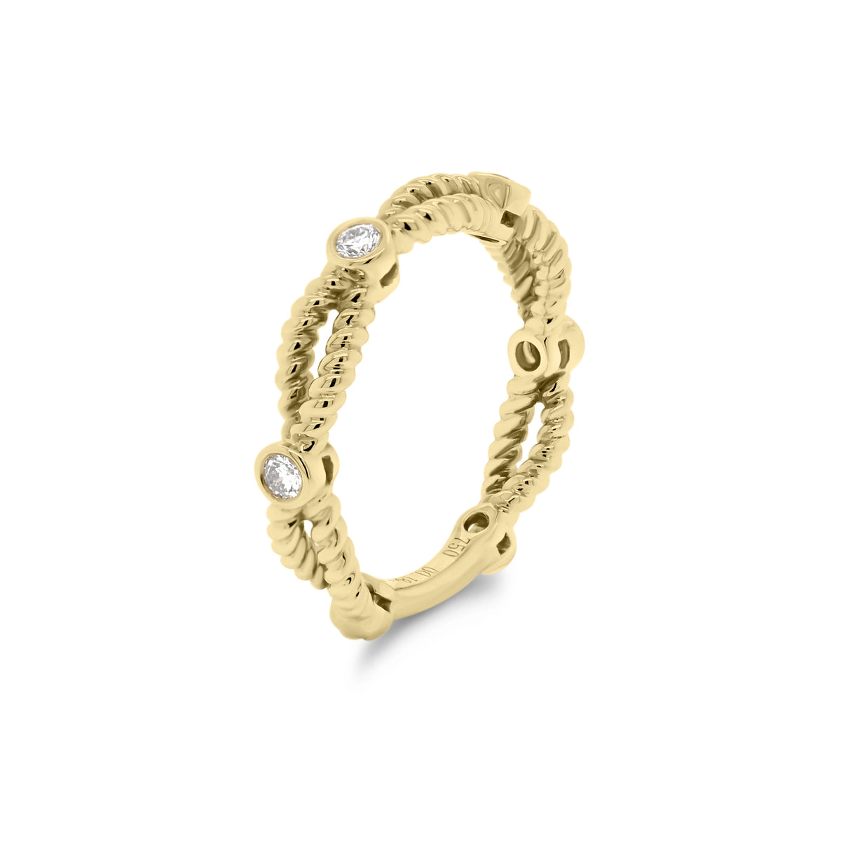Twisted Gold Stackable Ring with Diamond Bezels  - 18K gold weighing 3.71 grams  - 4 round diamonds totaling 0.18 carats