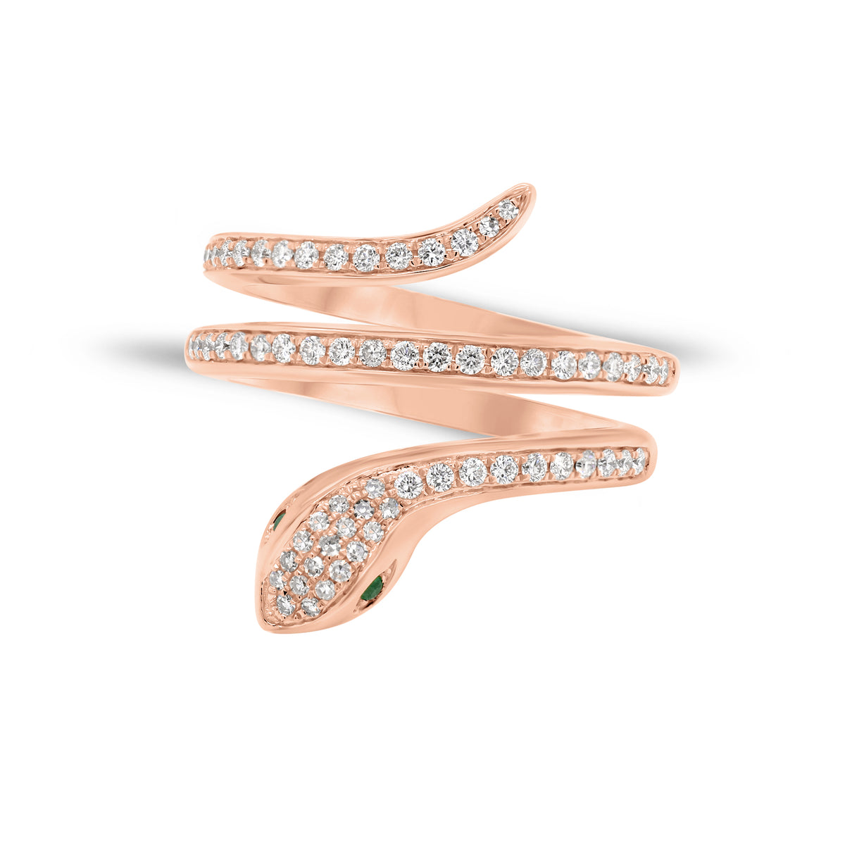 Solid 14K rose gold weighing 6.17 grams with 64 round diamonds totaling 0.43 carats and 2 emeralds totaling 0.02 carats Snake Wrap Ring | Nuha Jewelers