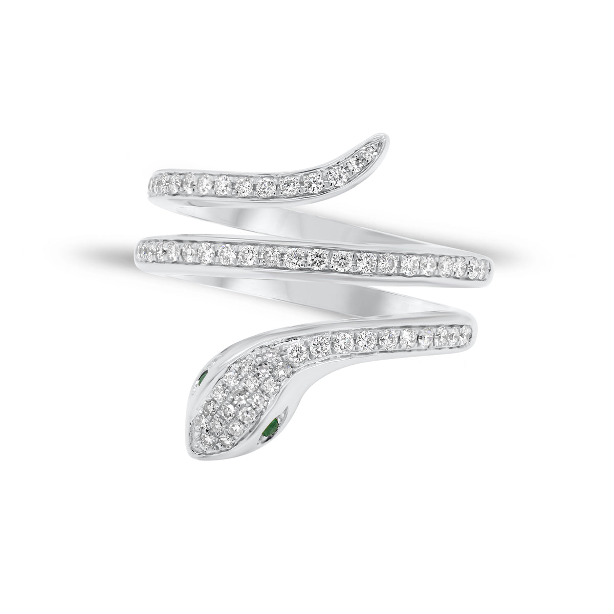 Solid 14K white gold weighing 6.17 grams with 64 round diamonds totaling 0.43 carats and 2 emeralds totaling 0.02 carats Snake Wrap Ring | Nuha Jewelers