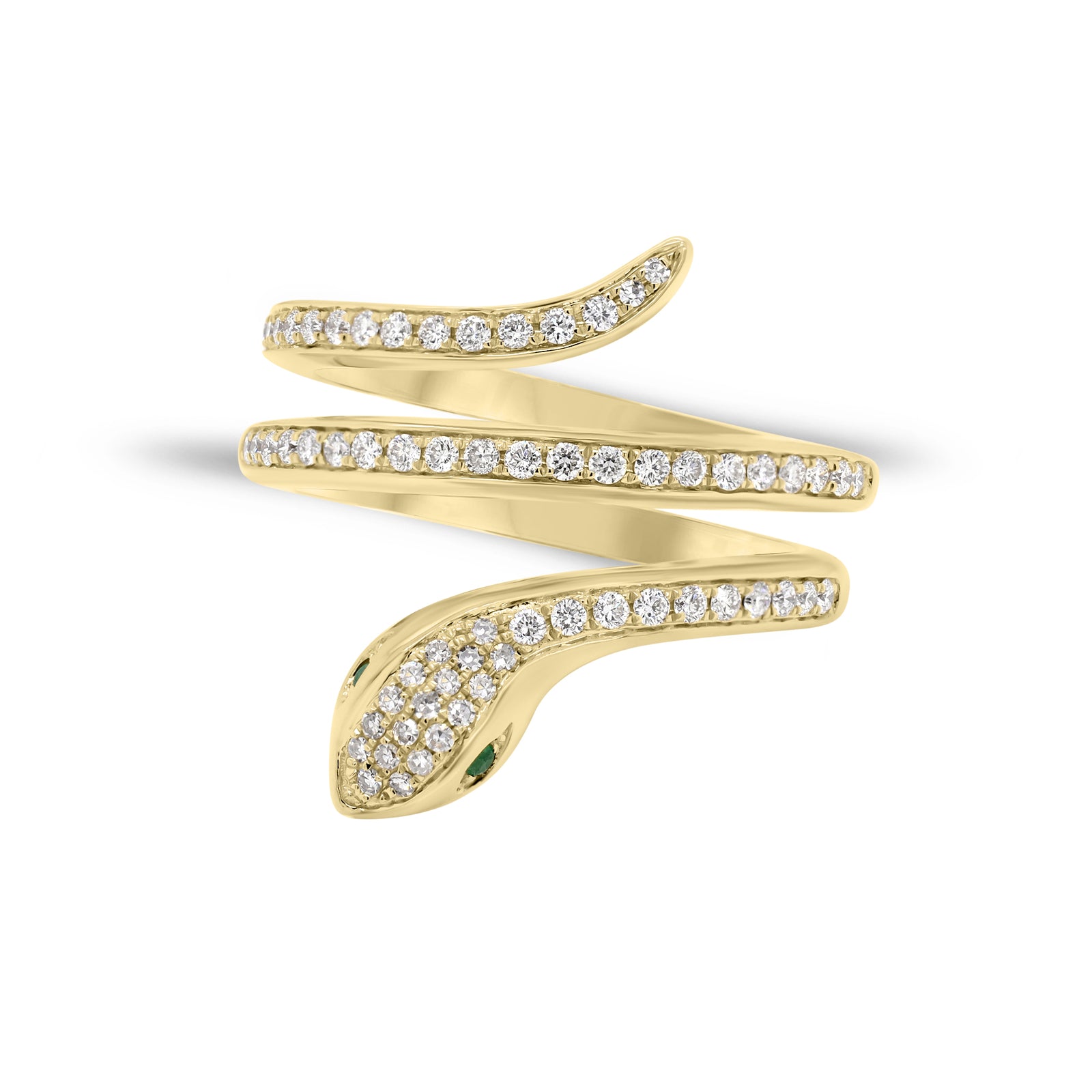 Solid 14K yellow gold weighing 6.17 grams with 64 round diamonds totaling 0.43 carats and 2 emeralds totaling 0.02 carats Snake Wrap Ring | Nuha Jewelers