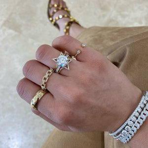 Female Model Wearing Diamond Square Flexible Chain Ring  - 14K gold weighing 3.37 grams  - 90 round diamonds totaling 0.24 carats