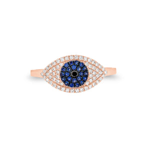 Diamond & Sapphire Evil Eye Ring - 14K rose gold weighing 1.75 grams  - 0.02 ct black diamond  - 22 sapphires weighing 0.11 carats  - 58 round diamonds weighing 0.16 carats