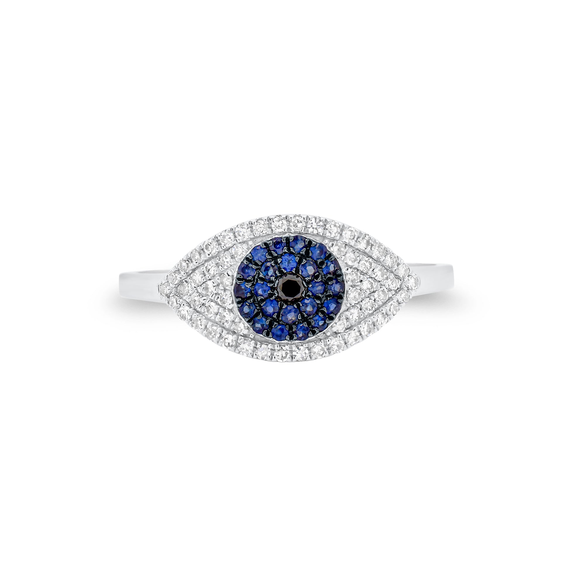 Diamond & Sapphire Evil Eye Ring - 14K white gold weighing 1.75 grams  - 0.02 ct black diamond  - 22 sapphires weighing 0.11 carats  - 58 round diamonds weighing 0.16 carats