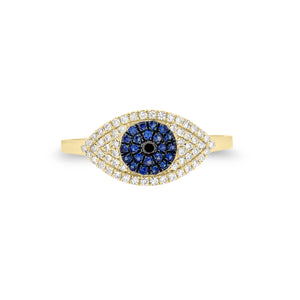 Diamond & Sapphire Evil Eye Ring - 14K yellow gold weighing 1.75 grams  - 0.02 ct black diamond  - 22 sapphires weighing 0.11 carats  - 58 round diamonds weighing 0.16 carats