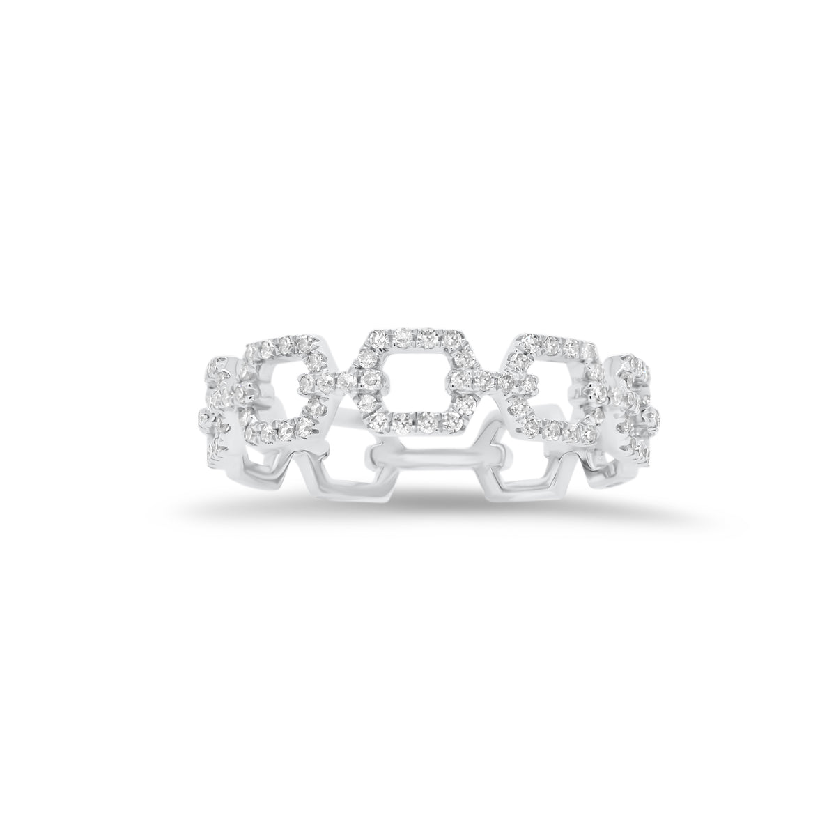 Diamond Open Square Chain Link Stackable Ring  - 14K gold weighing 1.73 grams  - 84 round diamonds totaling 0.22 carats