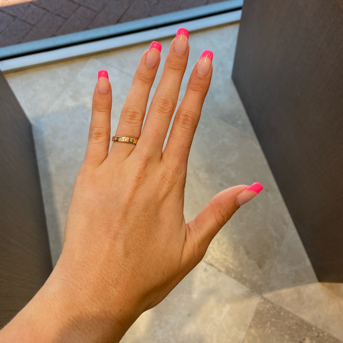 Female Model Wearing Diamond Starburst Stackable Ring  - 14K gold weighing 2.05 grams  - 16 round diamonds totaling 0.16 carats