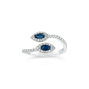 Sapphire Marquise & Diamond Open Ring  - 18K gold weighing 2.58 grams  - 50 round diamonds totaling 0.28 carats  - 2 marquise-shaped sapphires totaling 0.39 carats