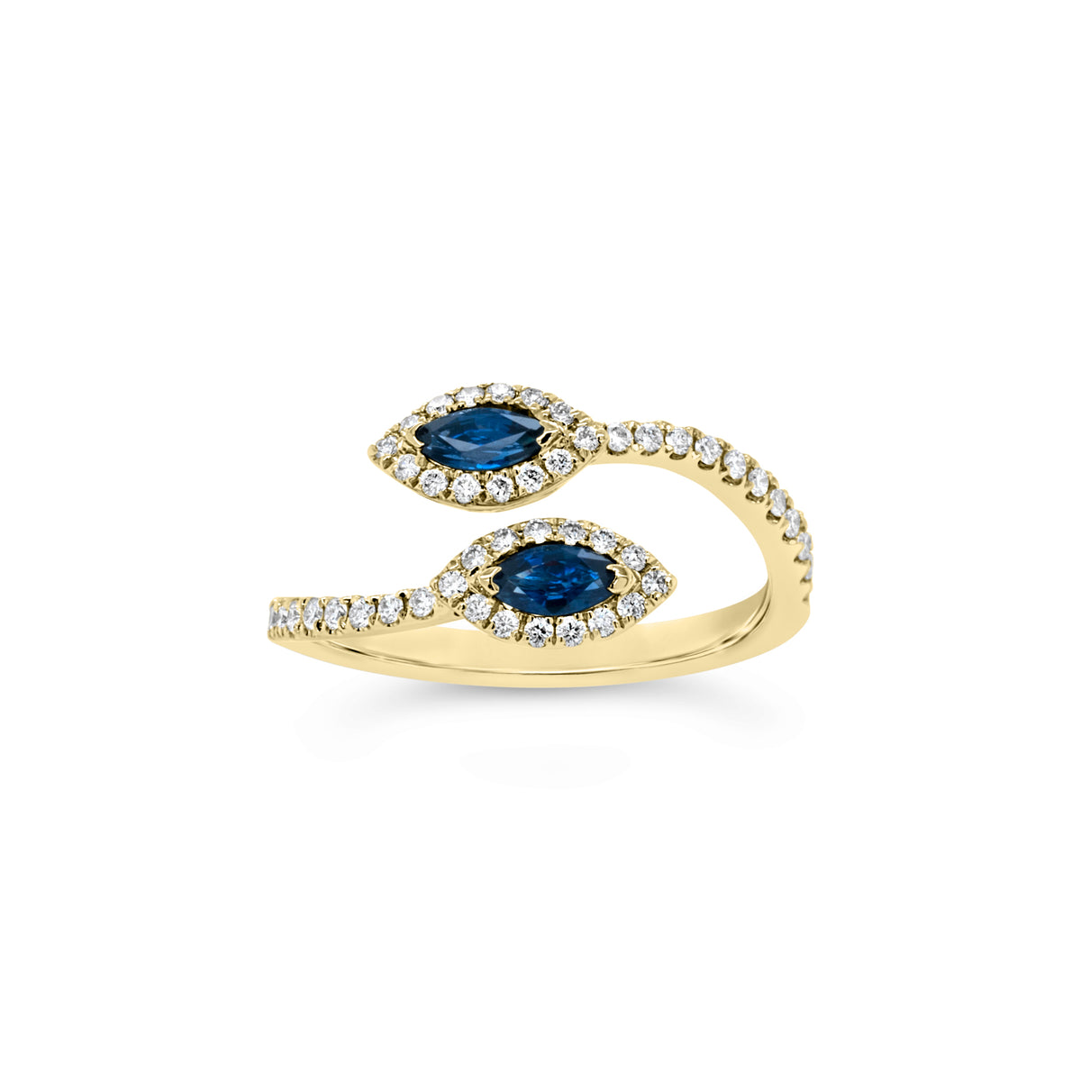 Sapphire Marquise & Diamond Open Ring  - 18K gold weighing 2.58 grams  - 50 round diamonds totaling 0.28 carats  - 2 marquise-shaped sapphires totaling 0.39 carats