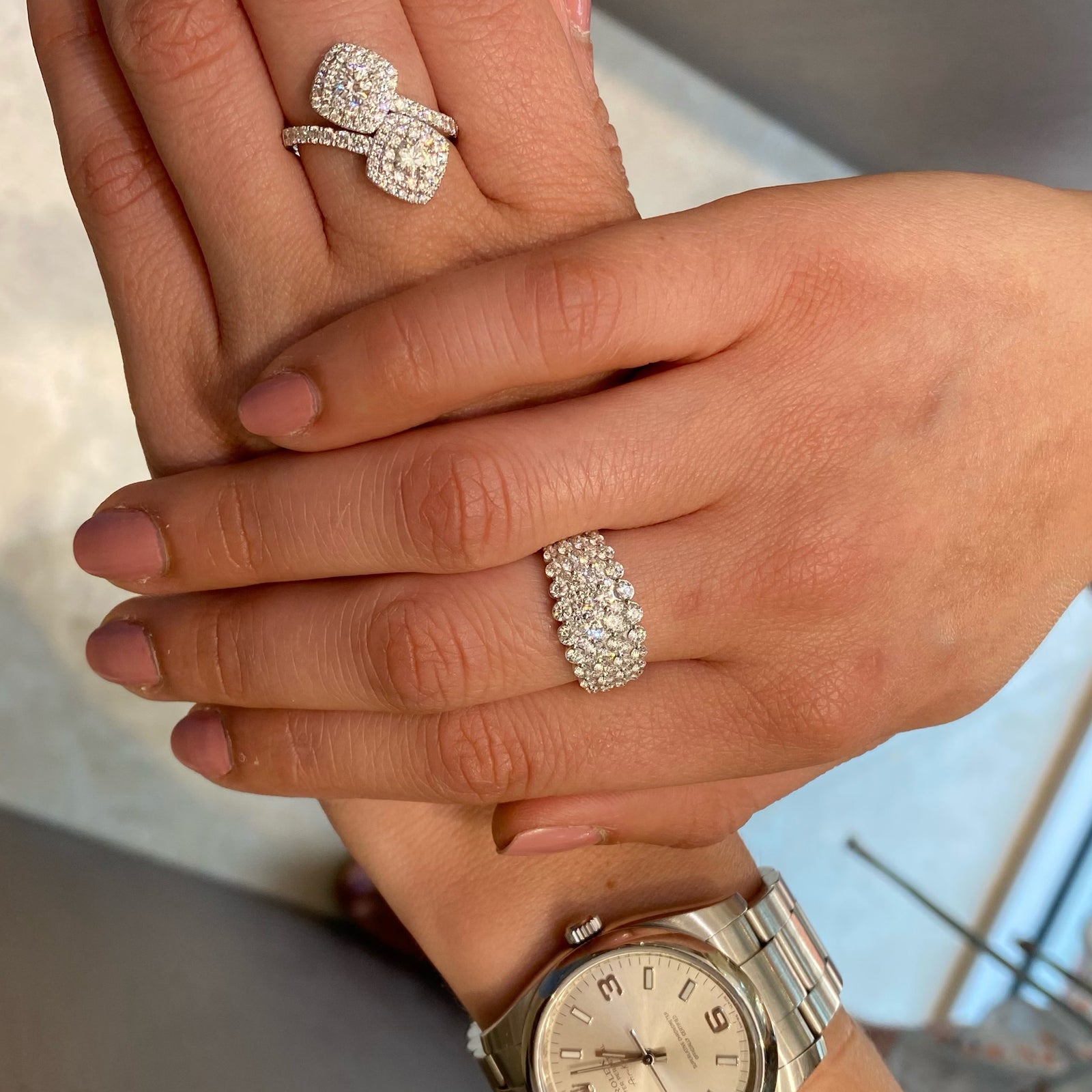 4-Row Diamond Band  -18k gold weighing 6.70 grams  -16 round prong-set diamonds weighing .78 carats & 72 round prong-set diamonds weighing 1.17 carats