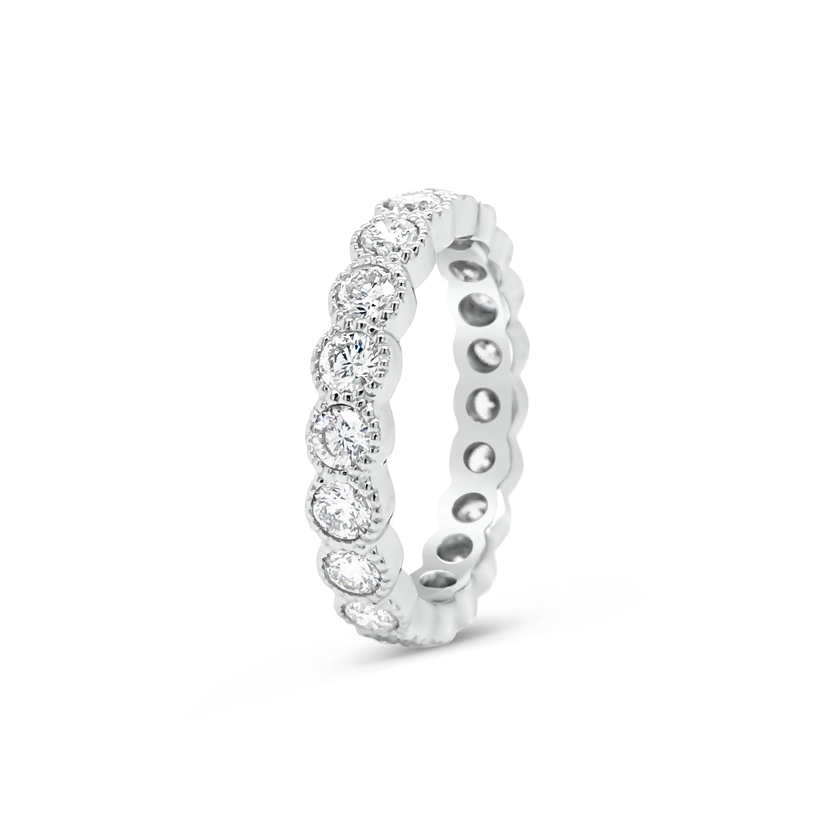 Bezel-Set Diamond Eternity Ring with Antique Milgrain  -14k gold weighing 3.7 grams  -20 round bezel-set diamonds weighing 1.57 carats 