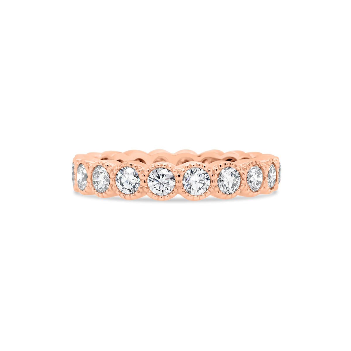 Bezel-Set Diamond Eternity Ring with Antique Milgrain  -14k gold weighing 3.7 grams  -20 round bezel-set diamonds weighing 1.57 carats 