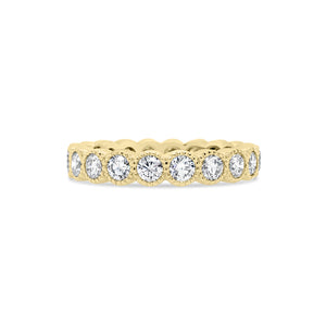 Bezel-Set Diamond Eternity Ring with Antique Milgrain  -14k gold weighing 3.7 grams  -20 round bezel-set diamonds weighing 1.57 carats 