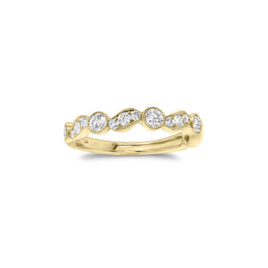 Diamond Scroll Wedding Band  - 18K gold weighing 2.32 grams  - 17 round diamonds totaling 0.58 carats