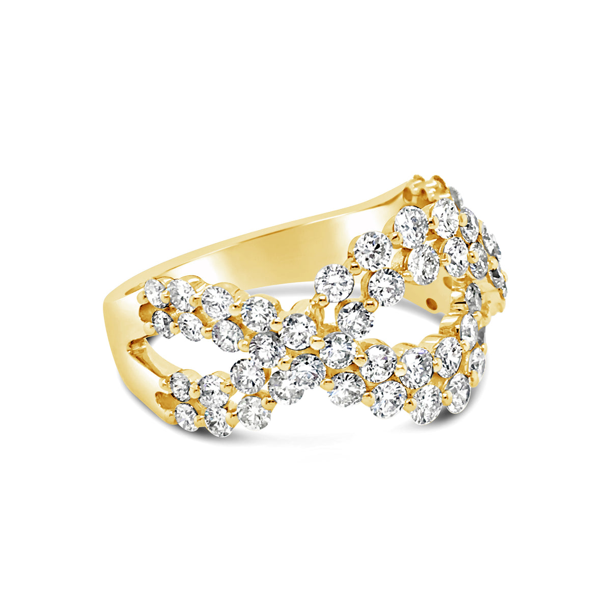 Diamond Twist Fashion Ring  -18k gold weighing 4.3 grams  -58 round diamonds weighing 1.42 carats