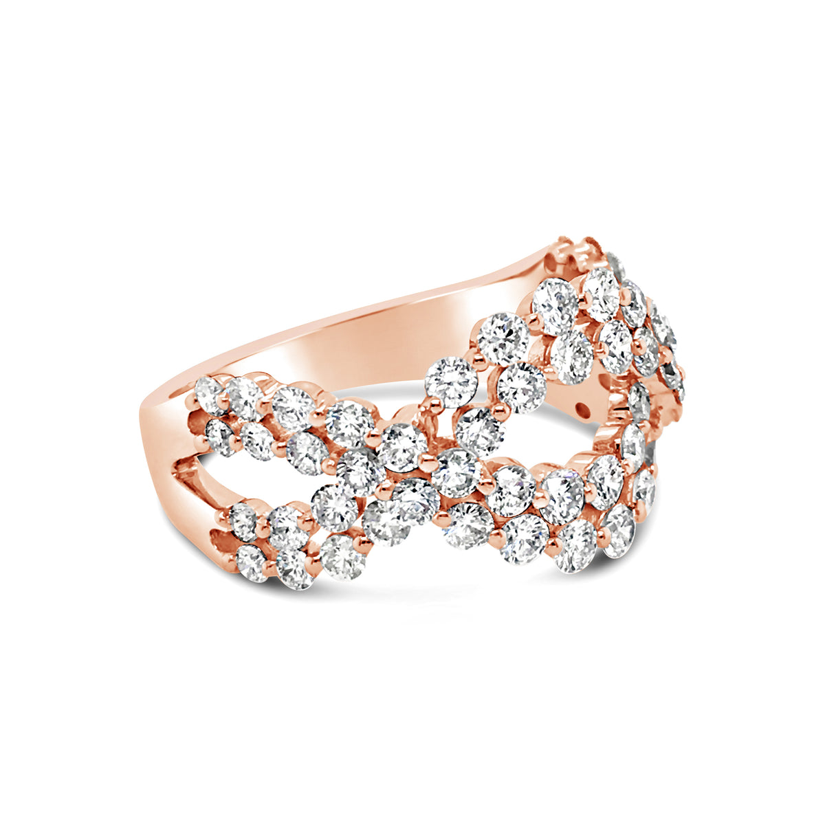 Diamond Twist Fashion Ring  -18k gold weighing 4.3 grams  -58 round diamonds weighing 1.42 carats