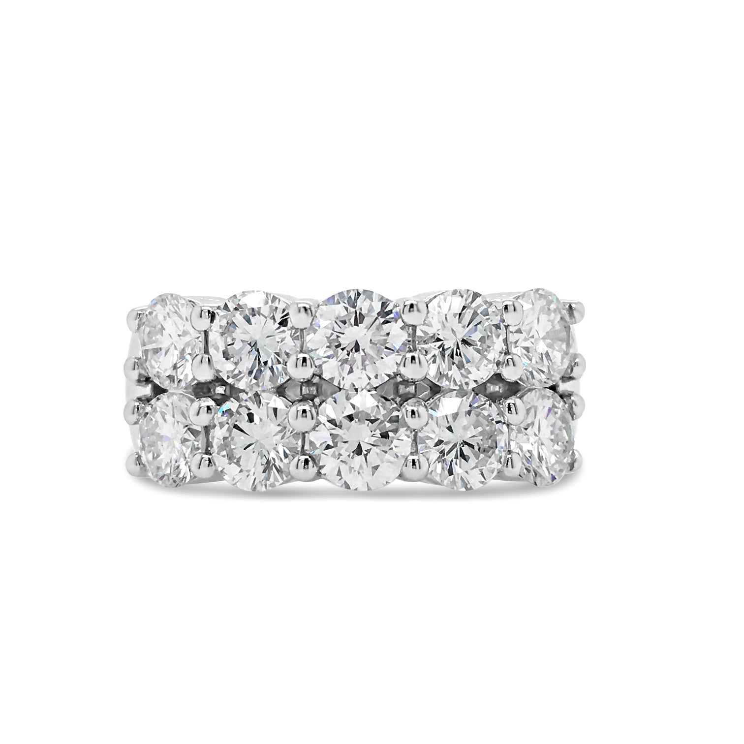 Double Row Diamond Band Ring  -14k gold weighing 9.1 grams  -10 round shared prong-set diamonds weighing 3.07 carats F-G VS