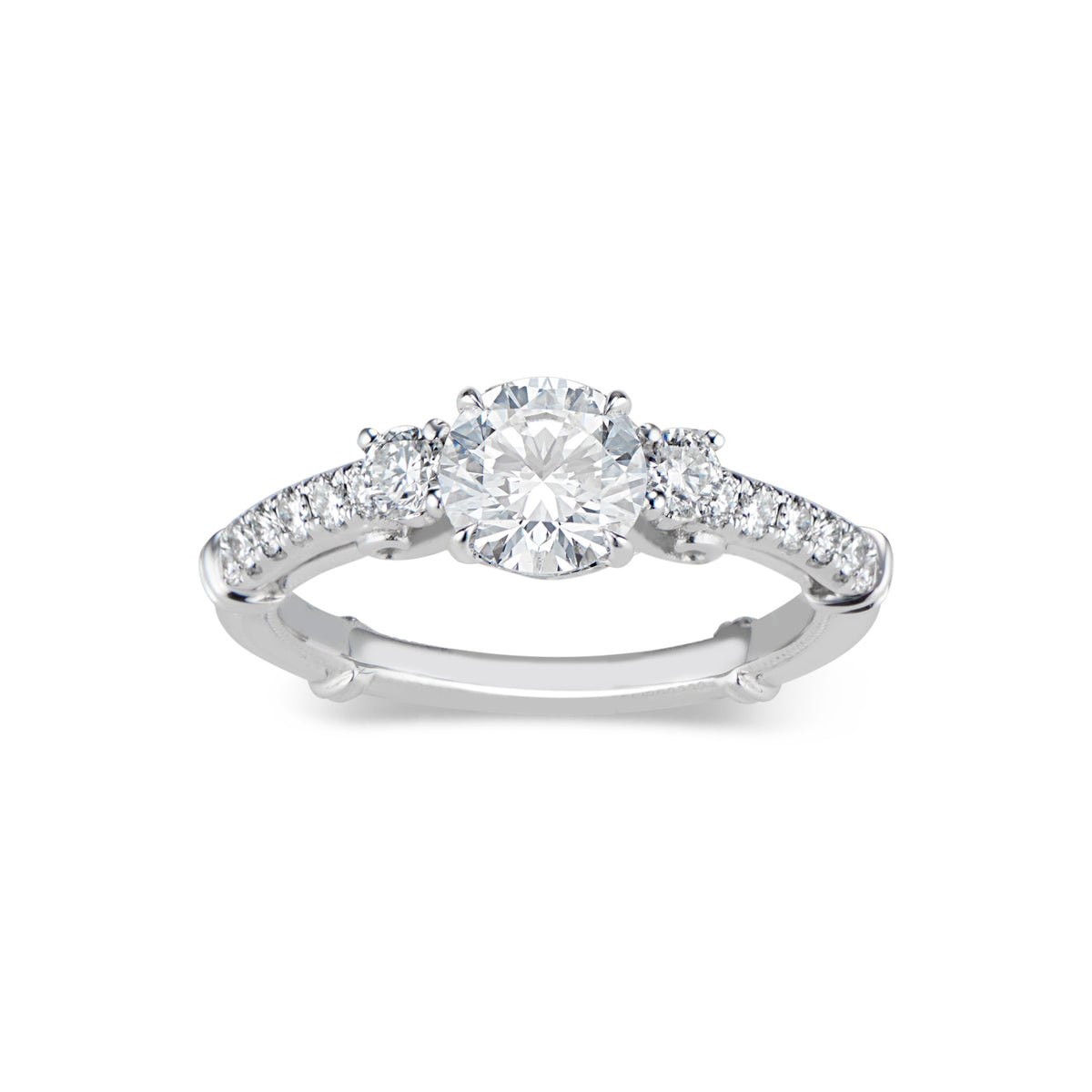 Three-Stone Engagement Ring with Diamond Shoulders  -18k weighting 3.93 GR  - 16 round diamonds totaling 0.36 carats