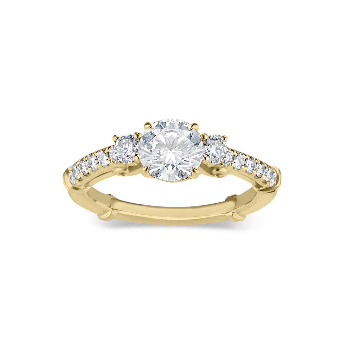 Three-Stone Engagement Ring with Diamond Shoulders  -18k weighting 3.93 GR  - 16 round diamonds totaling 0.36 carats