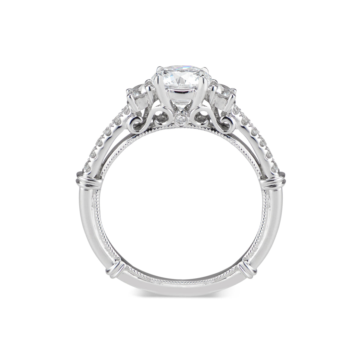Three-Stone Engagement Ring with Diamond Shoulders  -18k weighting 3.93 GR  - 16 round diamonds totaling 0.36 carats