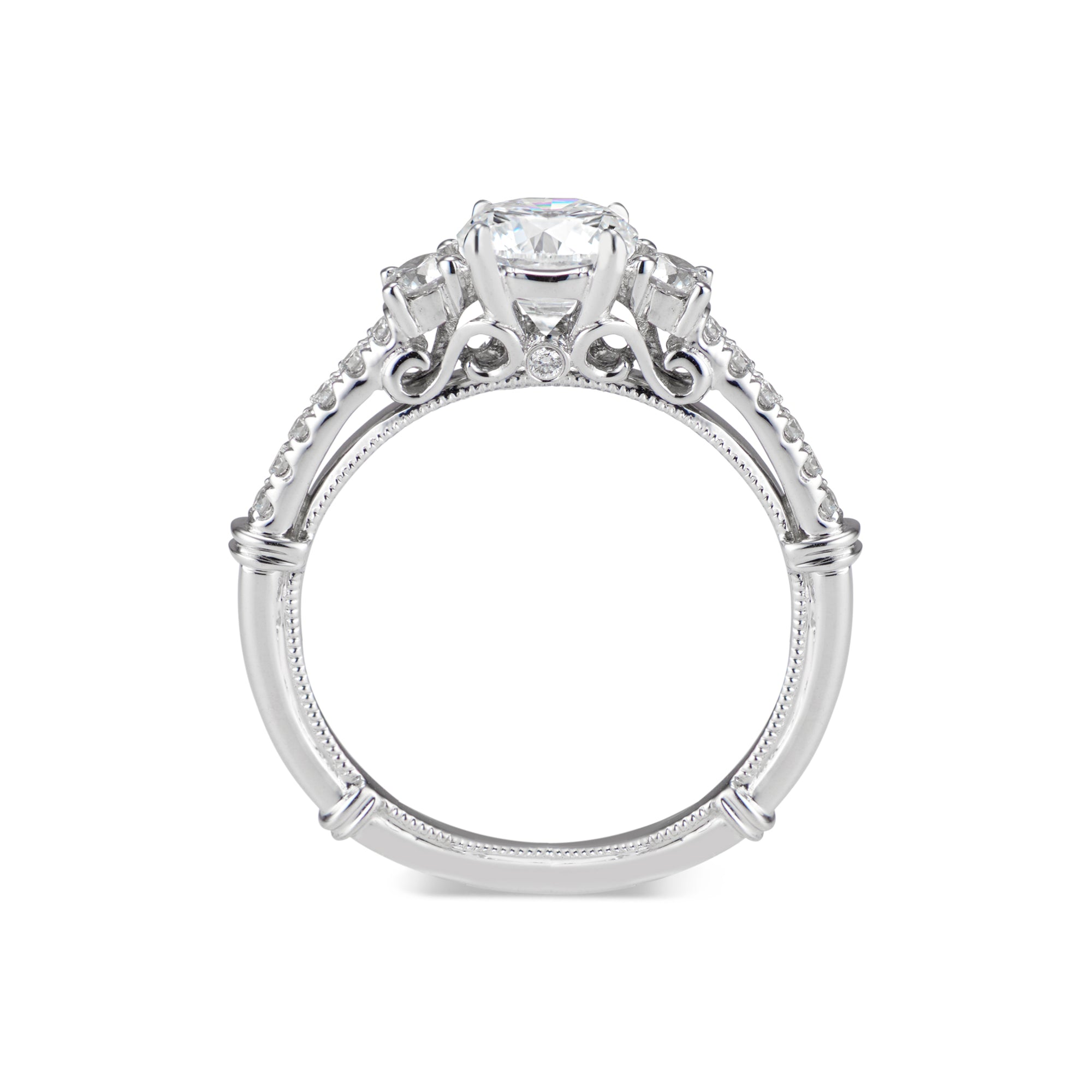 Three-Stone Engagement Ring with Diamond Shoulders  -18k weighting 3.93 GR  - 16 round diamonds totaling 0.36 carats