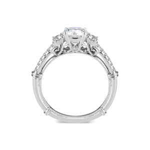 Three-Stone Engagement Ring with Diamond Shoulders  -18k weighting 3.93 GR  - 16 round diamonds totaling 0.36 carats