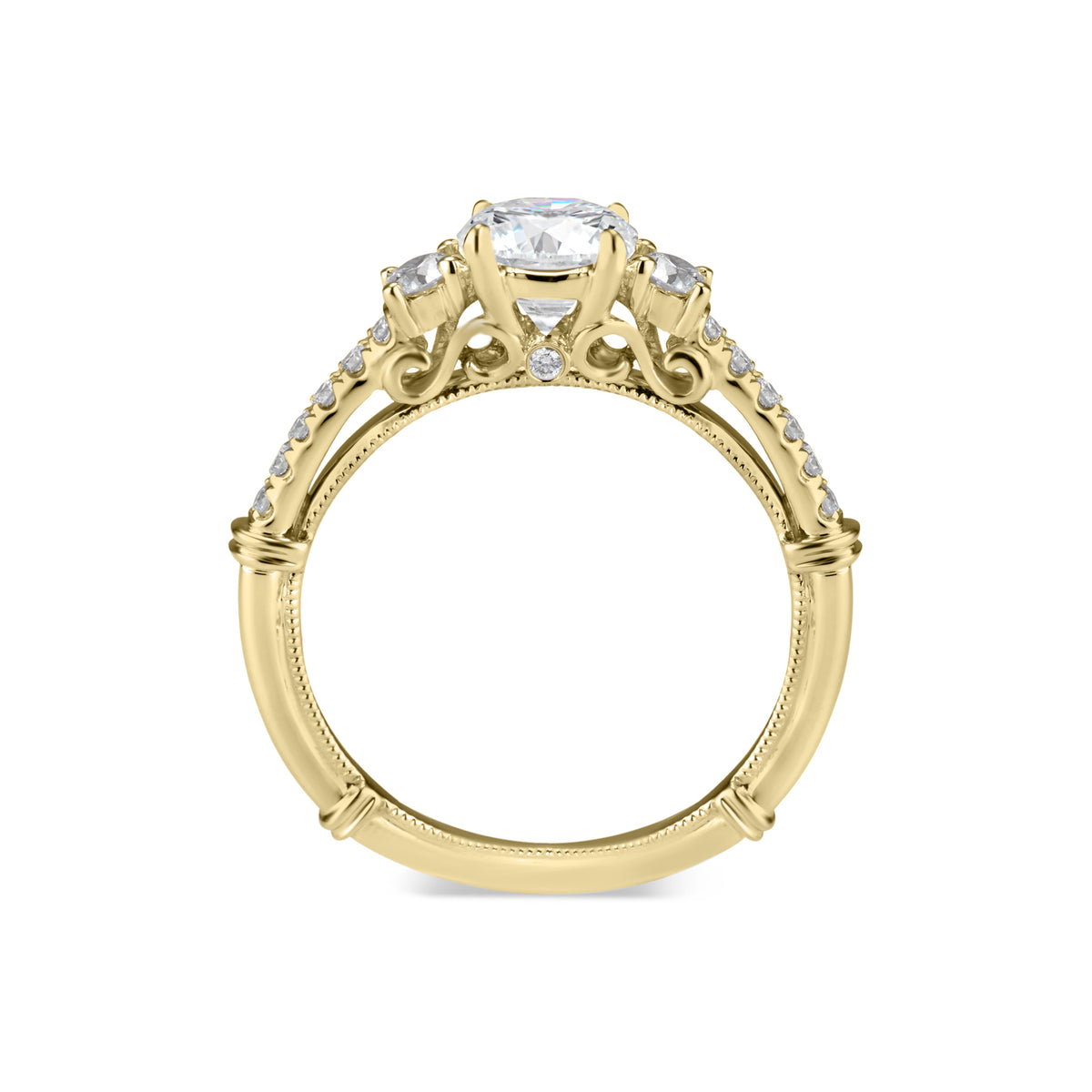 Three-Stone Engagement Ring with Diamond Shoulders  -18k weighting 3.93 GR  - 16 round diamonds totaling 0.36 carats