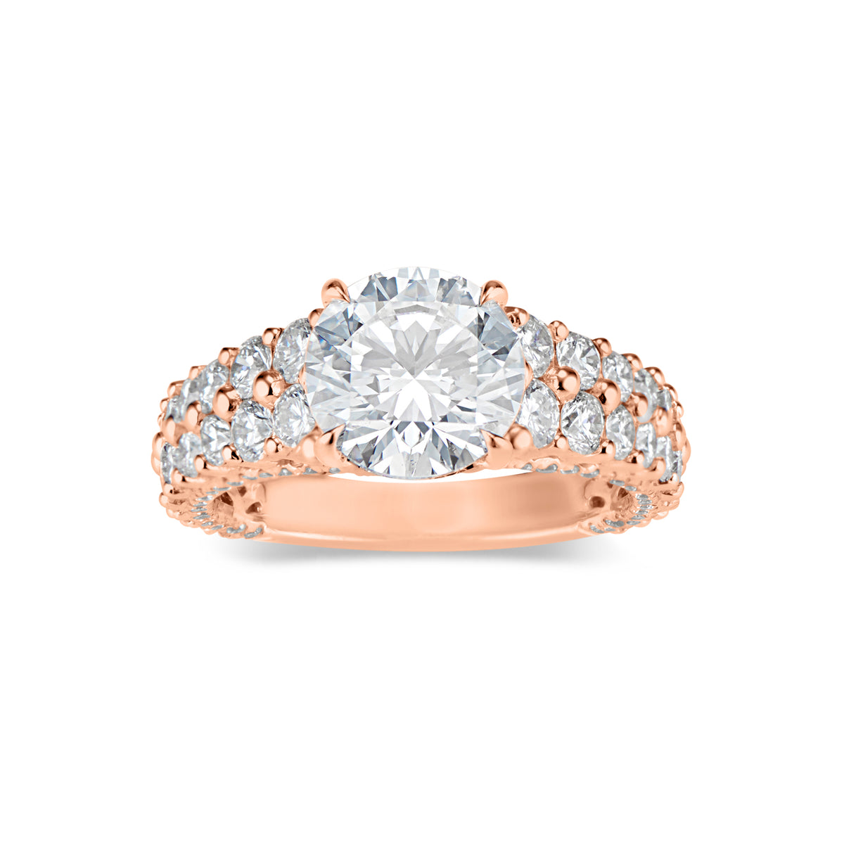 Round Diamond Engagement Ring with Double Diamond Band  -18K Weighting 4.90 GR  - 130 round diamonds totaling 1.93 carats