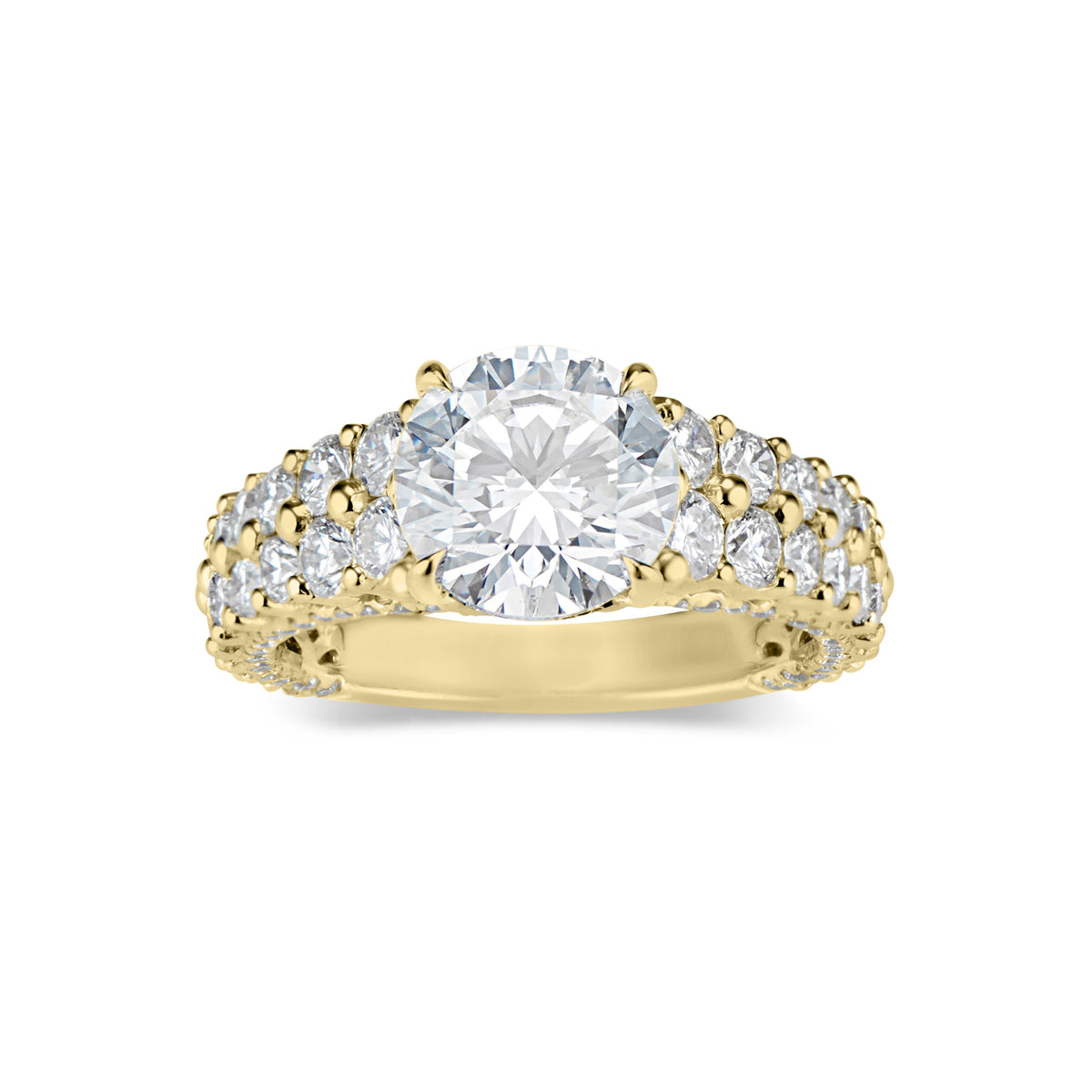 Round Diamond Engagement Ring with Double Diamond Band  -18K Weighting 4.90 GR  - 130 round diamonds totaling 1.93 carats