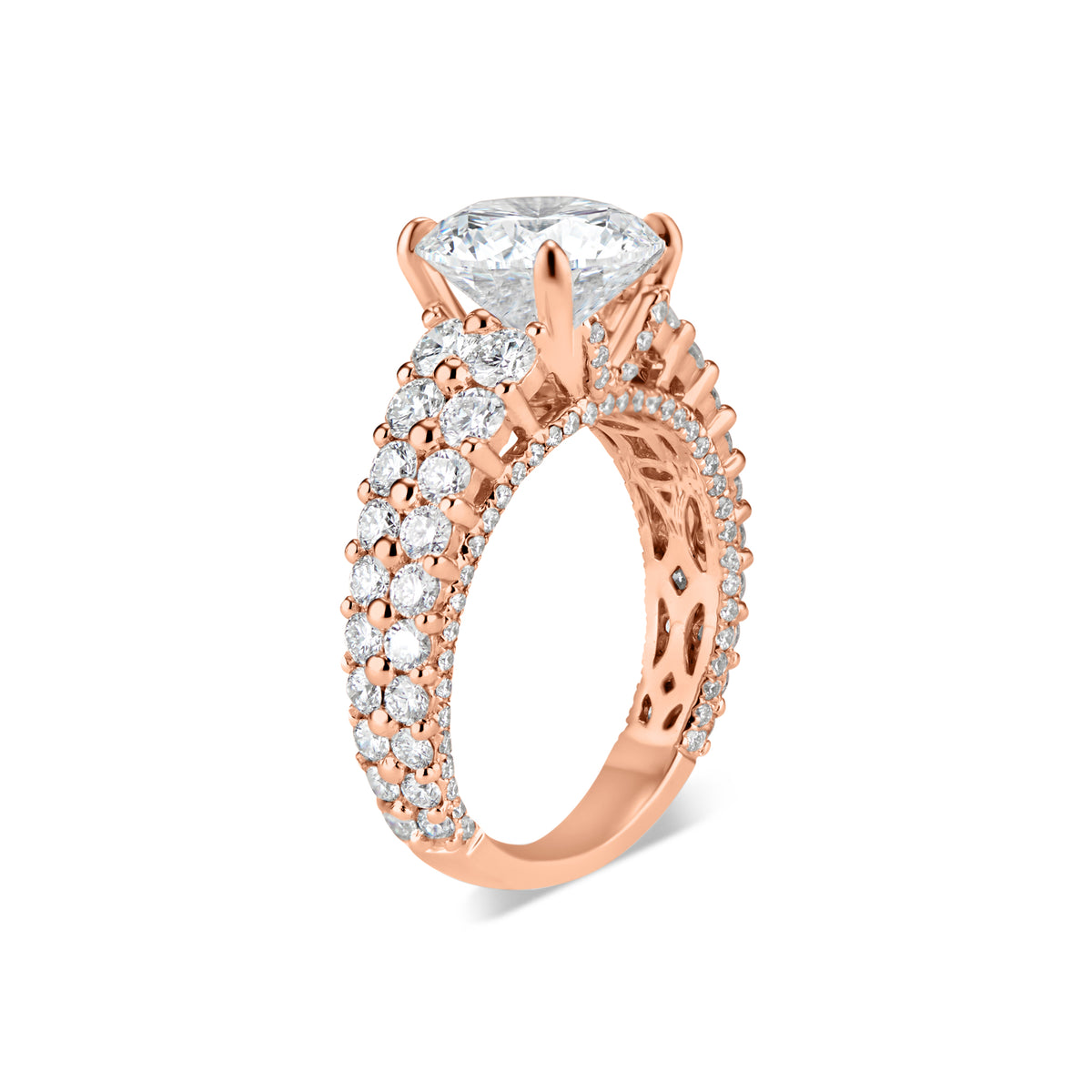 Round Diamond Engagement Ring with Double Diamond Band  -18K Weighting 4.90 GR  - 130 round diamonds totaling 1.93 carats