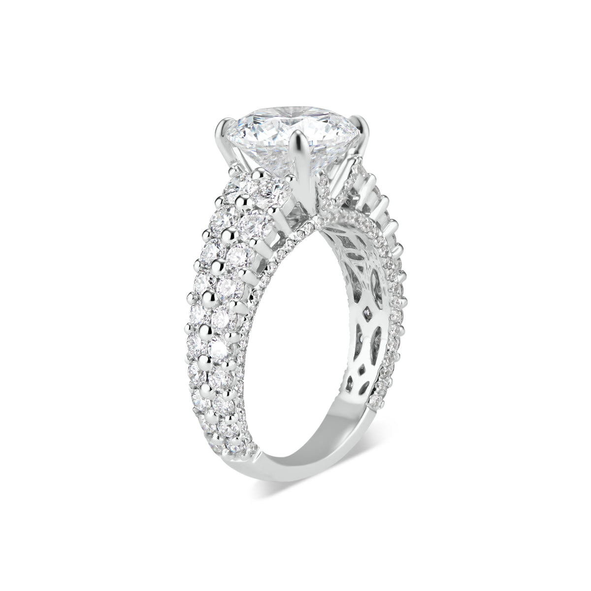 Round Diamond Engagement Ring with Double Diamond Band  -18K Weighting 4.90 GR  - 130 round diamonds totaling 1.93 carats