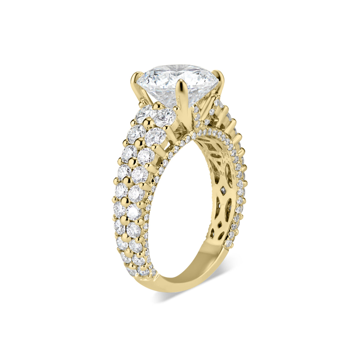 Round Diamond Engagement Ring with Double Diamond Band  -18K Weighting 4.90 GR  - 130 round diamonds totaling 1.93 carats