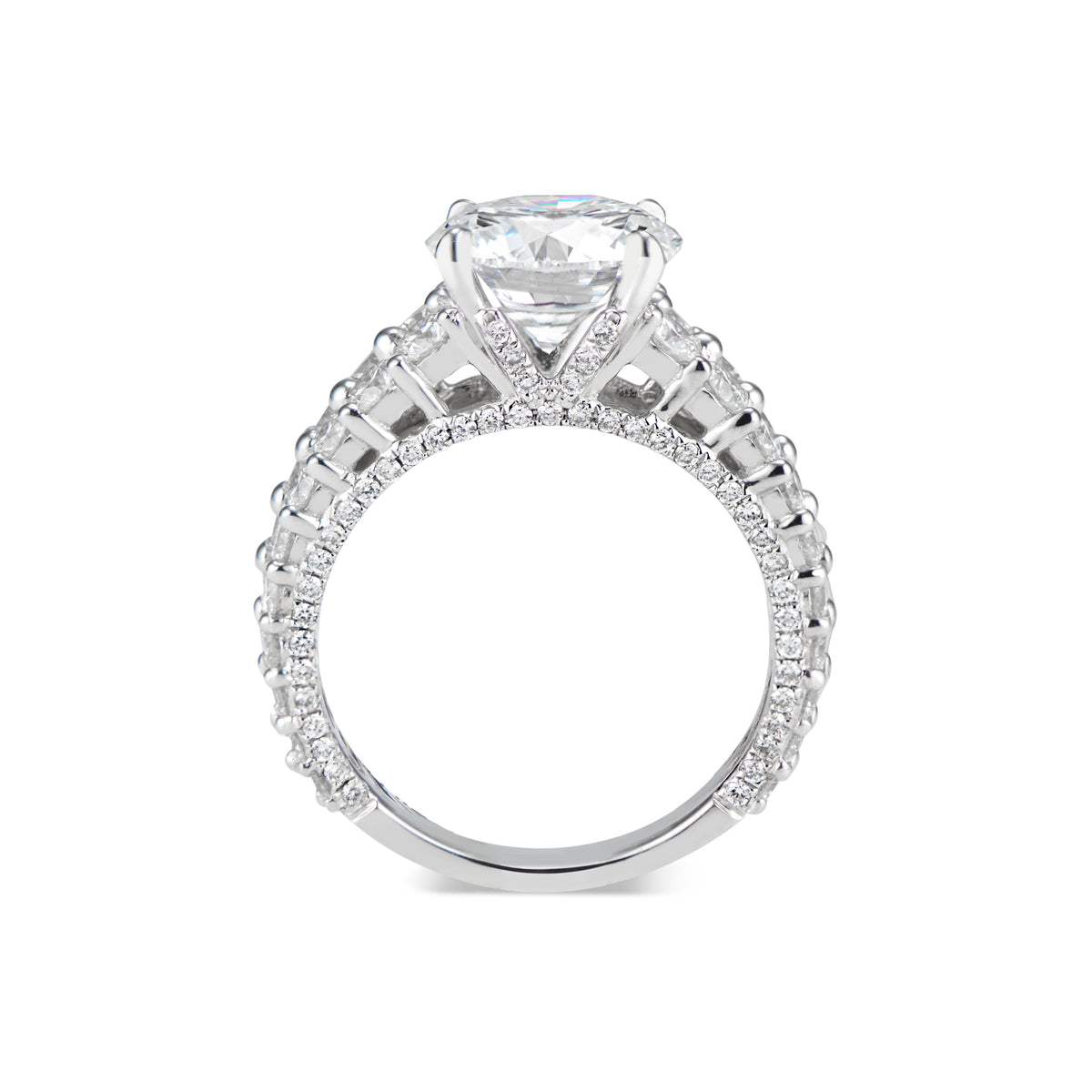 Round Diamond Engagement Ring with Double Diamond Band  -18K Weighting 4.90 GR  - 130 round diamonds totaling 1.93 carats