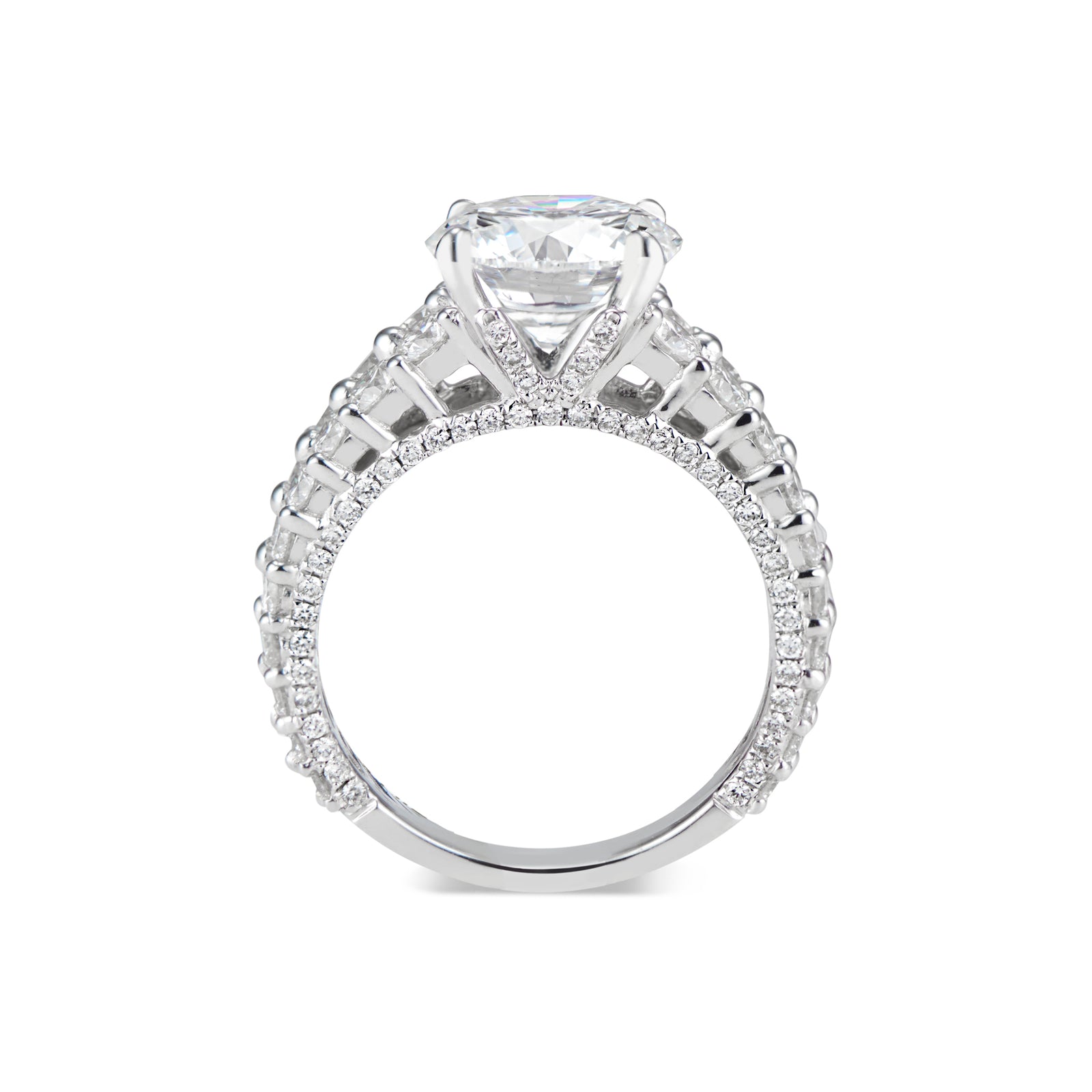 Round Diamond Engagement Ring with Double Diamond Band  -18K Weighting 4.90 GR  - 130 round diamonds totaling 1.93 carats