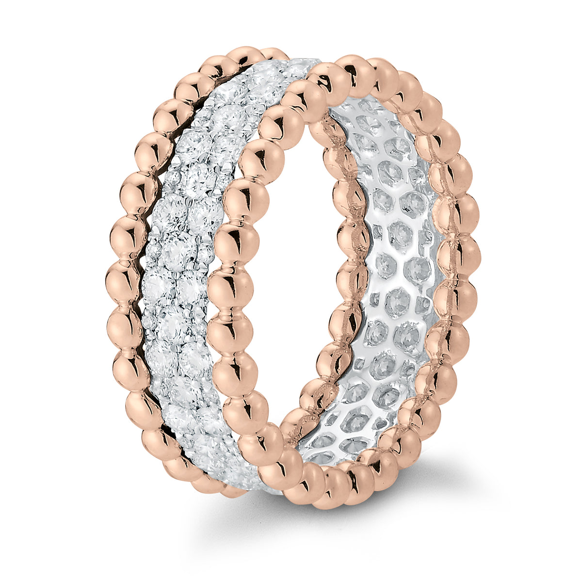 Two-tone Beaded Diamond Ring  18k gold, 5.22 grams, 90 round shared prong-set brilliant diamonds 1.41 carats.